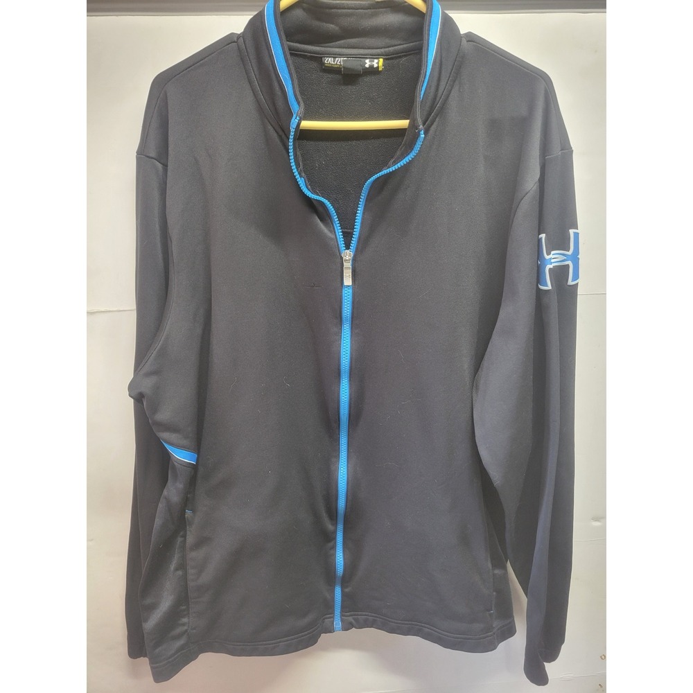 Under Armour Mens 2XL Full Zip Track Jacket Black Blue Fleece‎ Lined Mock Neck